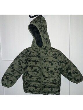 Disney Baby Gap Mickey Mouse Green Puffer Jacket Hood Mickey All Over Size 2T